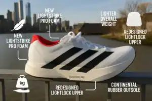 Adidas Adizero Adios Pro 4 running shoe, showing new Lightstrike Pro foam and Continental rubber outsole.